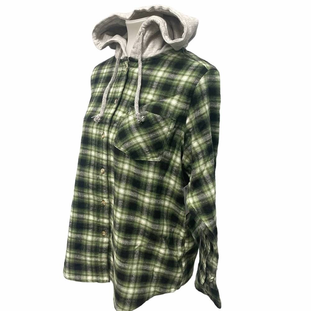 NEW TIME AND TRU women's long sleeve plaid flannel cotton blend hoodie in dark g